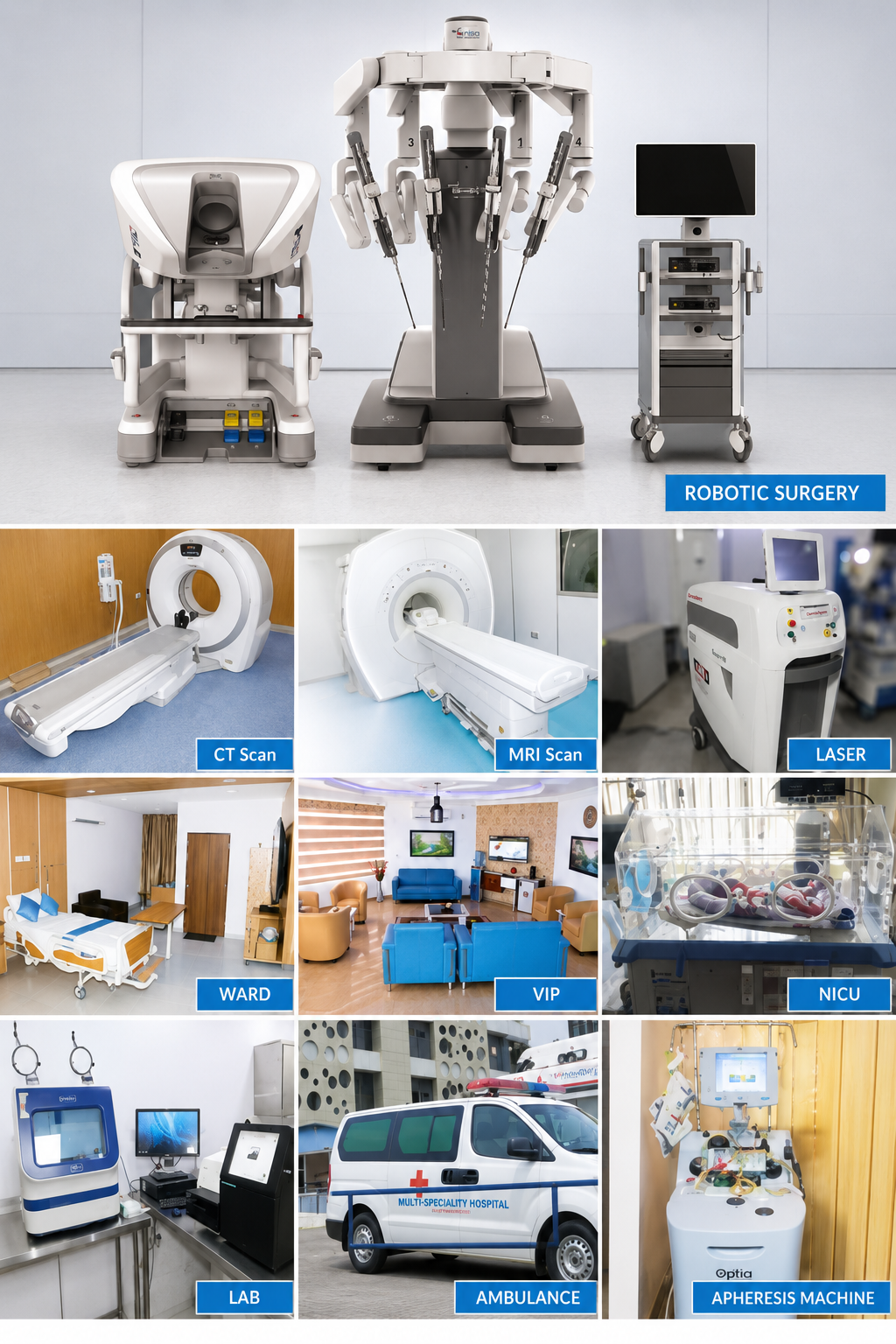 Nisa Premier Hospital clinical facilities including robotic surgery, diagnostic imaging, wards, VIP lounge, NICU, laboratory and ambulance